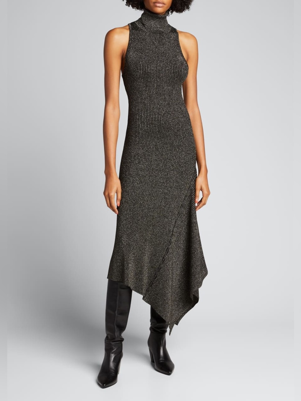 ALC Parker Fit-Flare Sleeveless Metallic Ribbed Asymmetric Knit Dress Black-Gold
